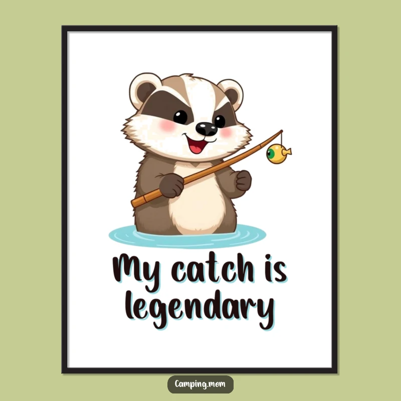 Funny Badger Fishing Digital Art: Happy Angler Print - Instant Funny Gift Download