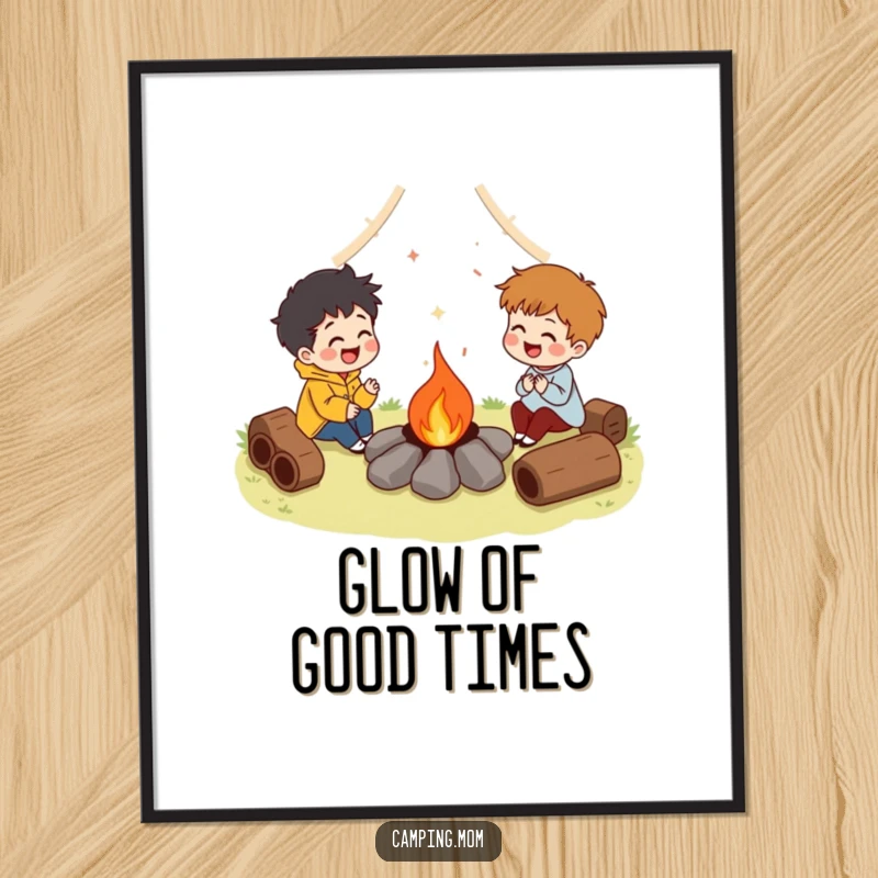 Funny digital art print of characters laughing around a campfire, perfect for adding instant humorous charm and warmth to any room. Ideal funny gift.