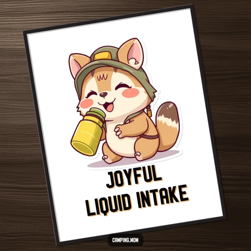 Funny camping animal character contentedly sipping from a canteen, available as a refreshing and humorous digital art print.