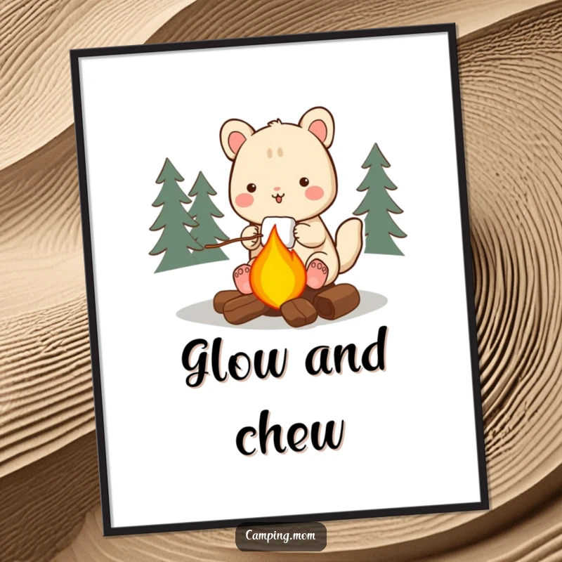 Funny camping animal digital art print, depicted happily roasting a marshmallow over a campfire, perfect for adding humor to any room.