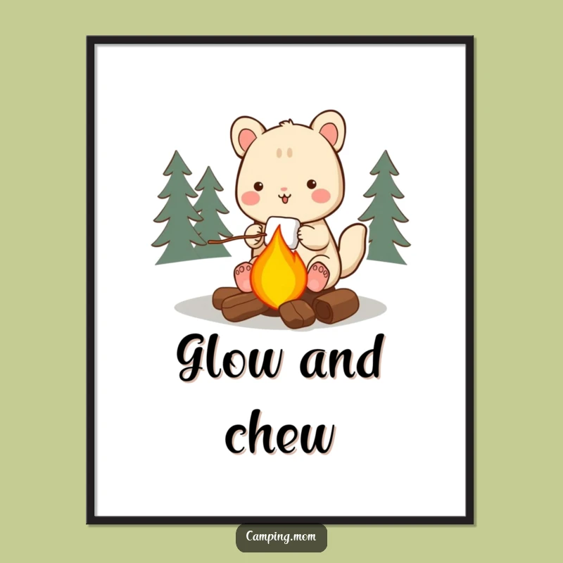 Funny Camping Animal Digital Art: Happy Marshmallow Roasting Wall Decor!