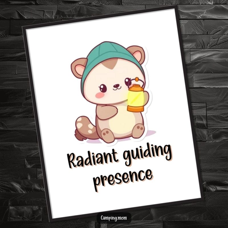 Funny camping animal character holding a glowing lantern, available as a warm and humorous digital art print.