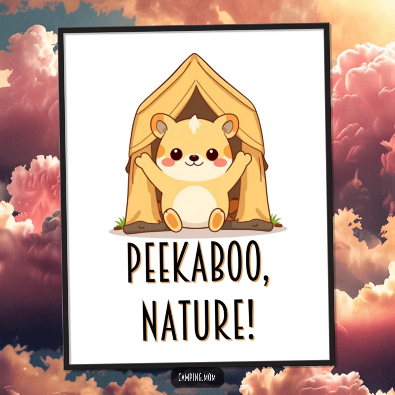 Funny camping animal character joyfully opening a tent flap, ready for adventure, available as a humorous digital art print.