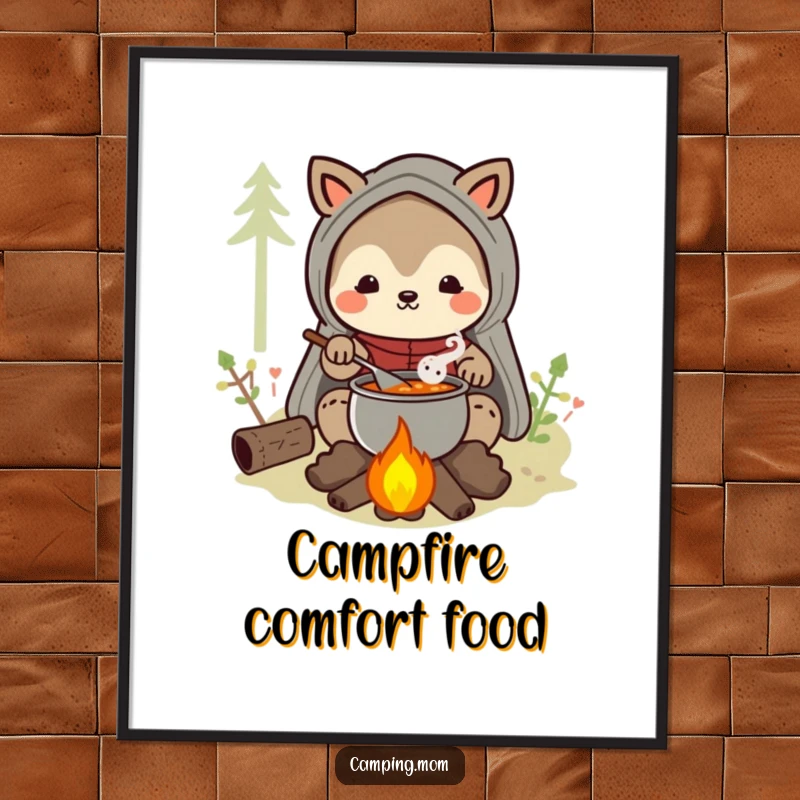 Funny camping mom animal character digital art print of a happy mom stirring stew over a campfire, cozy decor.
