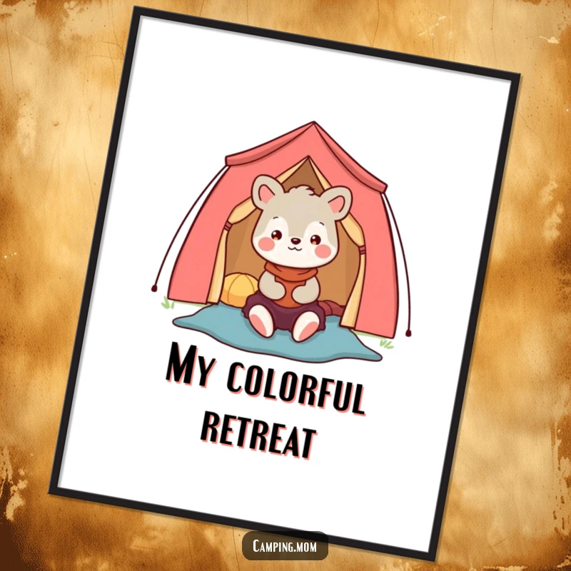 Funny camping mom animal character digital art print of a happy mom setting up a colorful tent, vibrant decor.