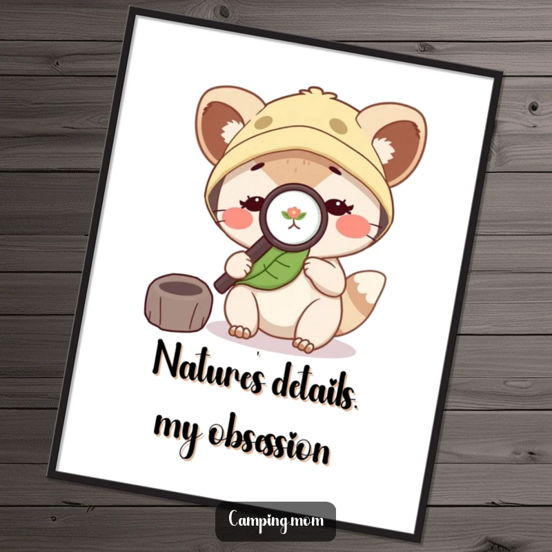 Funny camping mom animal with a magnifying glass, examining a leaf, perfect for instant wall decor and humor.