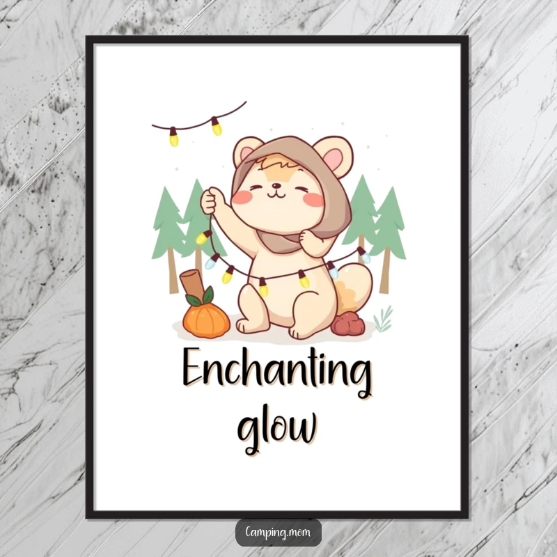 Funny camping mom digital art print of an animal mom energetically setting up a string of glowing fairy lights, bringing joy.