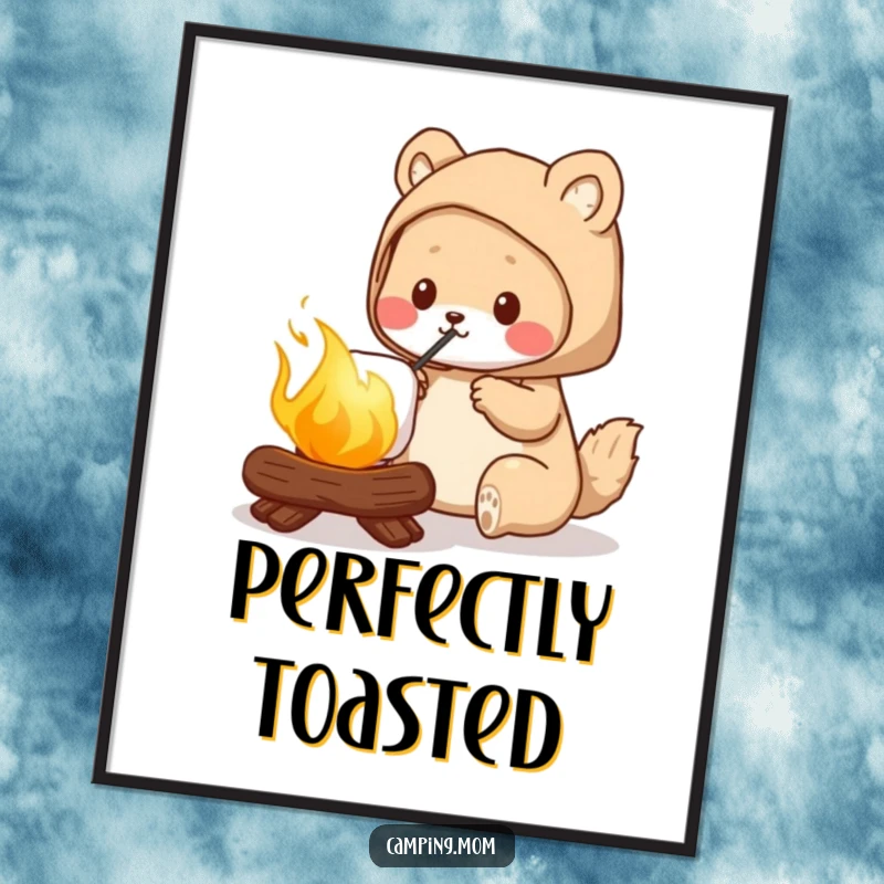 Funny camping mom digital art print of an animal mom roasting a perfectly golden marshmallow, capturing a joyful outdoor moment.