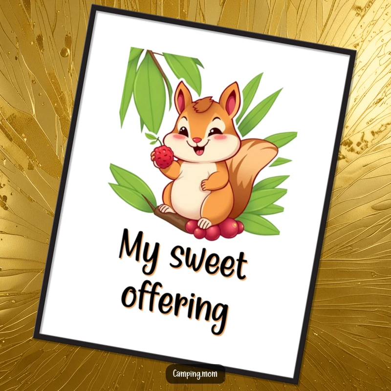 Funny digital art print of a cheerful chipmunk with a sweet smile, offering a berry from its palm, for adorable decor.