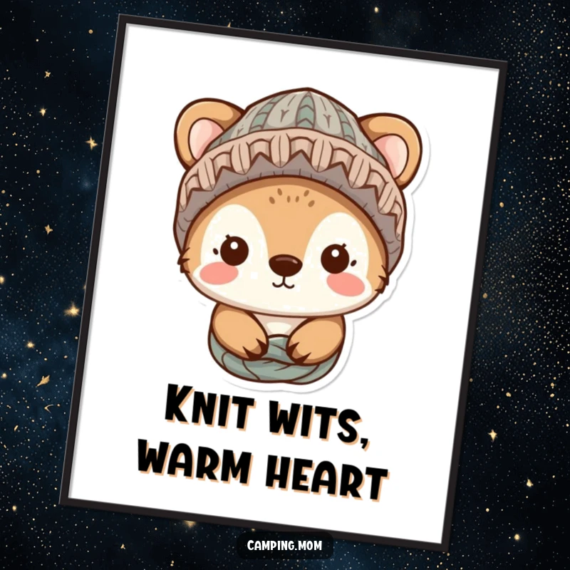 Funny animal character wearing a knitted hat, looking cozy and content, captured in a high-resolution digital art print.