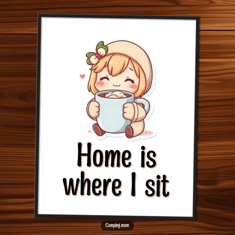 Funny digital art print capturing a cozy character enjoying hot cocoa, perfect for adding instant humorous charm to any room. Ideal funny gift.