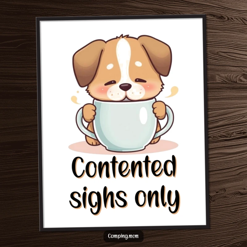 Funny dog sipping from a steaming mug with a contented sigh, vibrant digital art print for instant cozy decor.