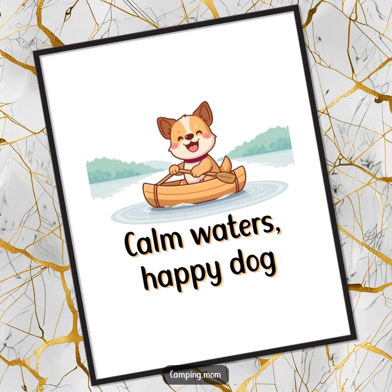 Funny Dog Digital Art: A printable artwork of a happy dog joyfully paddling a small canoe across a calm, beautiful lake.