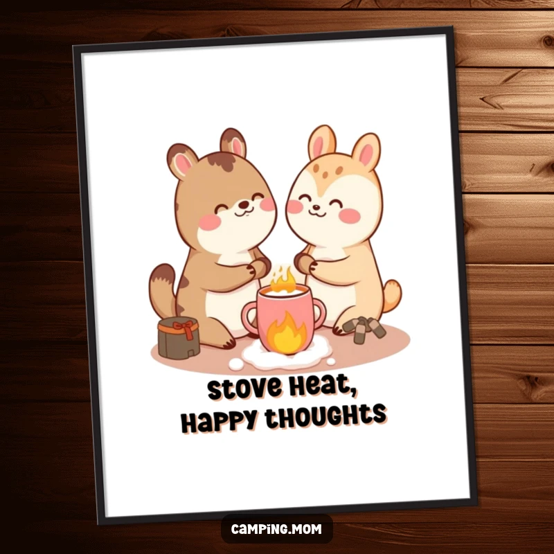 Funny giggling animal character sharing a cup of hot cocoa by a stove, captured in a high-resolution digital art print.