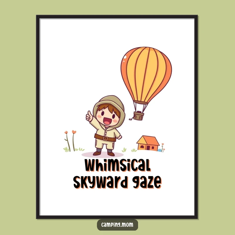 Funny Hot Air Balloon Digital Art: Whimsical Character Points Up, A Downloadable Funny Gift.