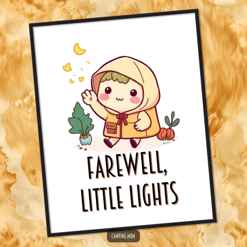 Funny Digital Art Print: Kawaii camping character smiling and waving goodbye to twinkling fireflies at night.