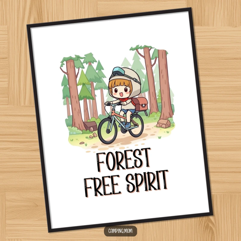Funny Digital Art Print: Kawaii camping character bicycling with pure glee through a forest path.