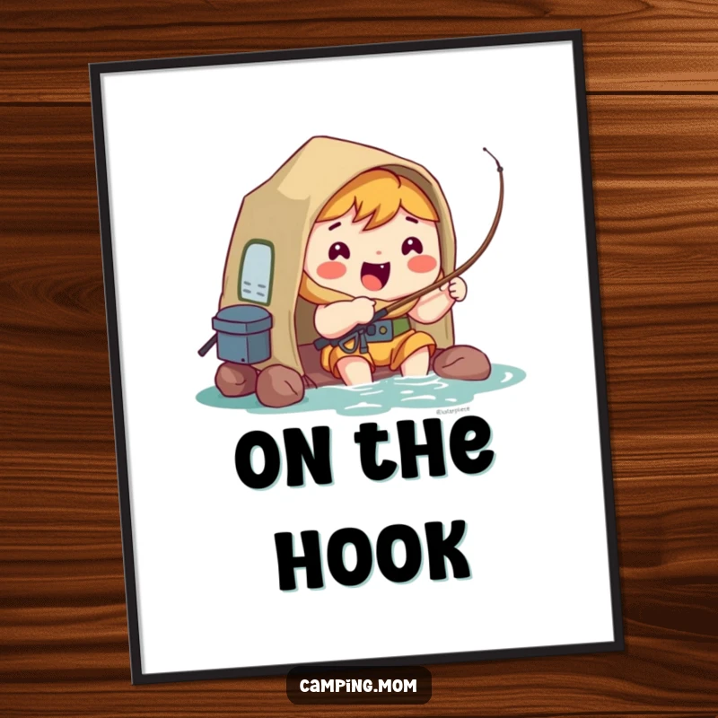 Funny Digital Art Print: Kawaii camping character fishing with a hopeful and excited expression, ready for fun.