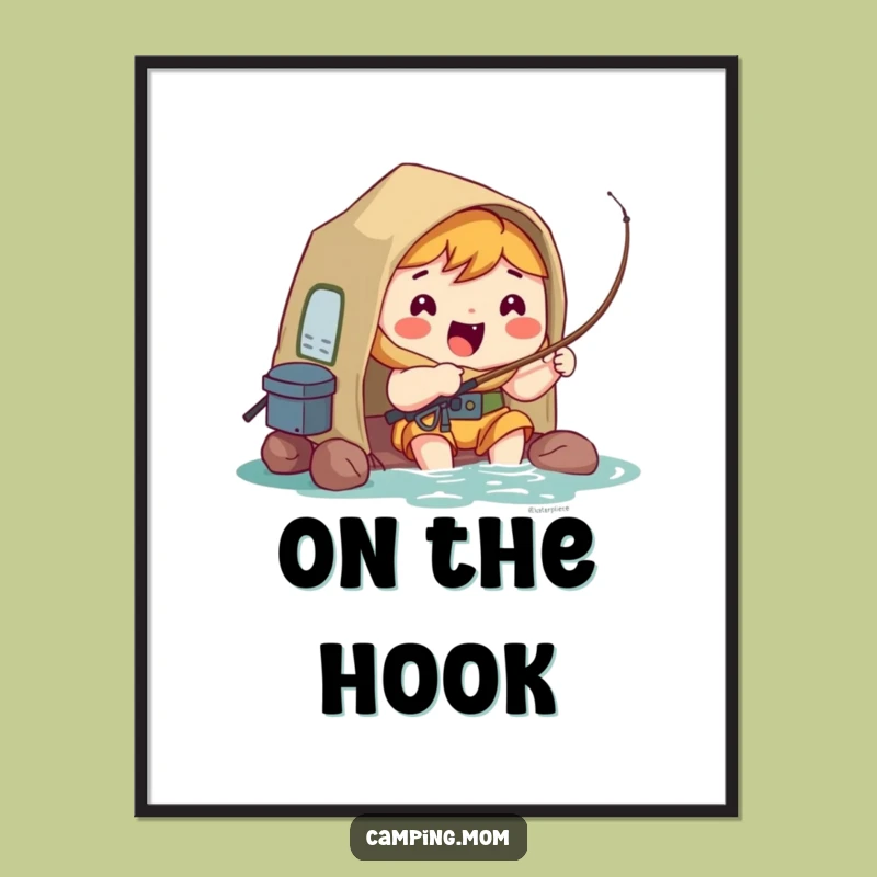 Funny Kawaii Camper Digital Art: Hopeful Fisherman, Instant Download Gift