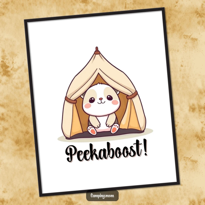 Funny digital art print of a kawaii camping animal peeking with delight from a miniature tent, perfect for framing.