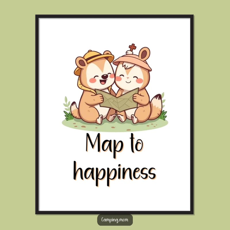 Funny Kawaii Camping Animal Digital Art: Giggle Map Print, Hilarious Outdoor Decor, Perfect Gift