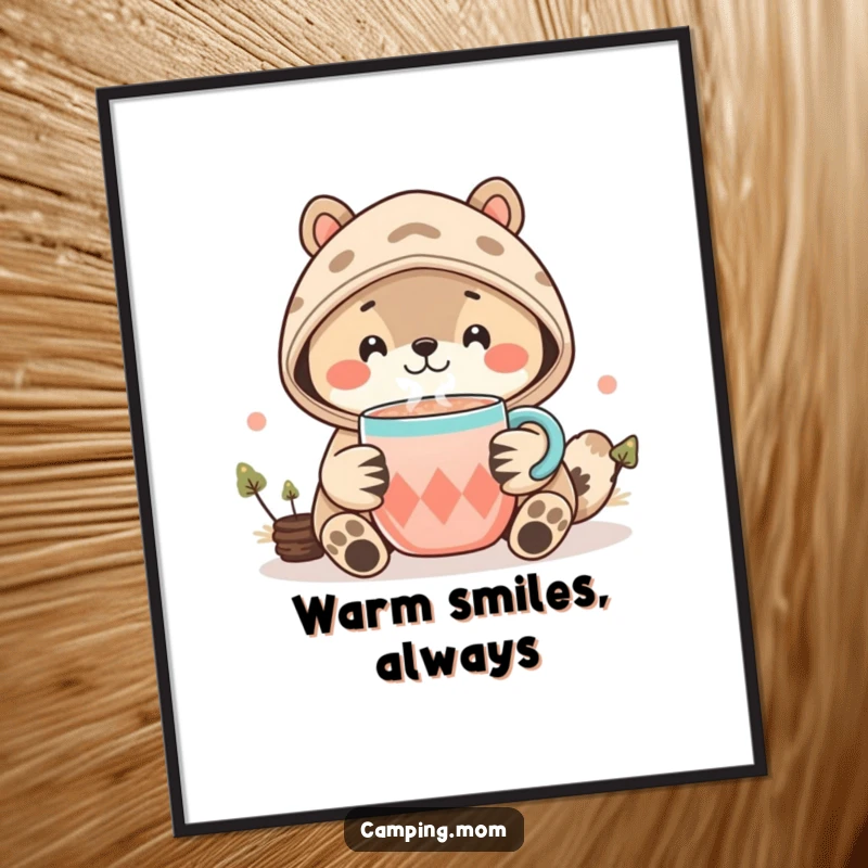 Funny Kawaii Camping Animal Digital Art Print featuring a smiling creature offering a steaming cup of cocoa, perfect for whimsical decor.