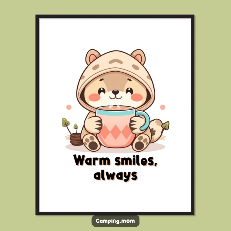 Funny Kawaii Camping Animal Digital Print - Cozy Smile Cocoa Decor Gift