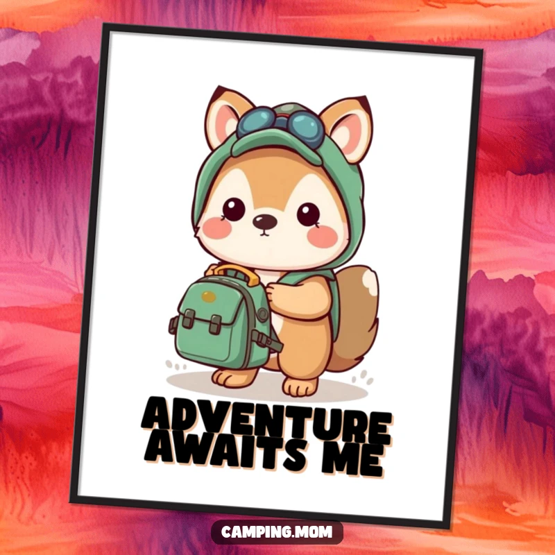 Funny digital art print of a kawaii camping animal holding a small backpack, ready for exciting adventures.