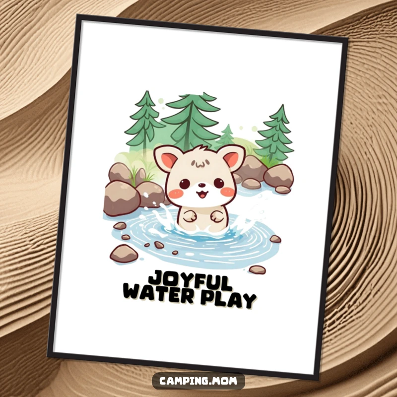 Funny digital art print of a kawaii camping animal joyfully splashing in a tiny stream, perfect for framing.