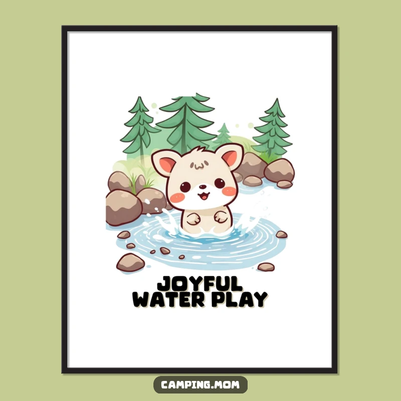 Funny Kawaii Camping Digital Art: Joyful Stream Splash - Instant Refreshment