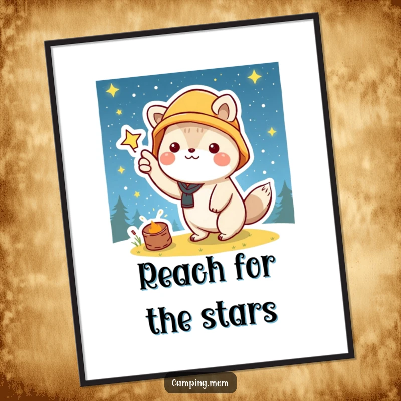 Funny digital art print of a kawaii camping animal happily pointing at a vast, starry night sky, perfect for framing.
