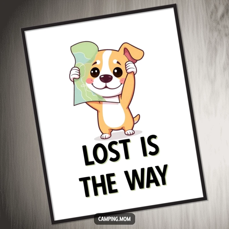 Funny dog holding a map upside down with playful confusion, vibrant digital art print for instant humorous decor.