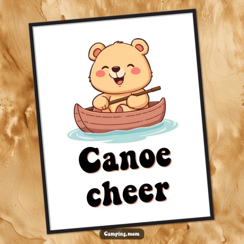 Funny digital art print of a cheerful mama bear giggling while sitting in a canoe for serene wall decor.