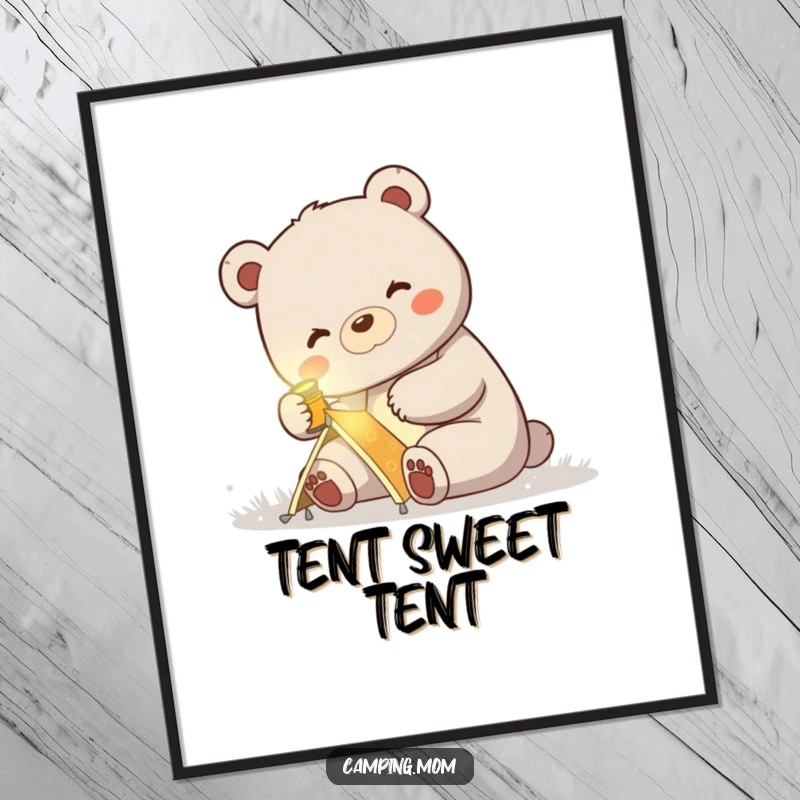 Funny digital art print of a mama bear with a headlamp, happily setting up a small tent for camping enthusiasts.