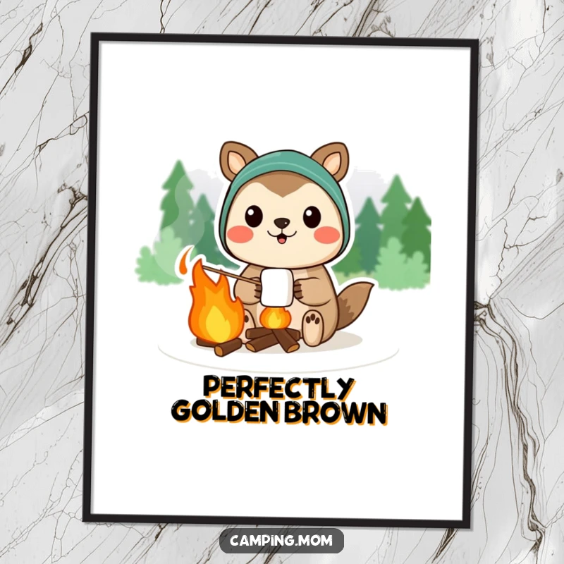 Funny camping animal character proudly displaying a campfire marshmallow, available as digital art.