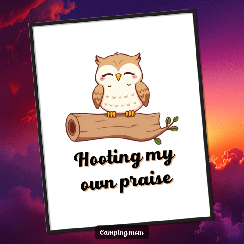 Funny digital art print of a contented owl hooting happily with closed eyes, perched on a log, for cheerful woodland decor.