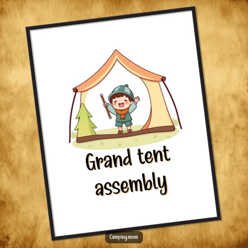 Funny digital art print of a joyful camping character hilariously setting up a tent, comically challenged by oversized poles.