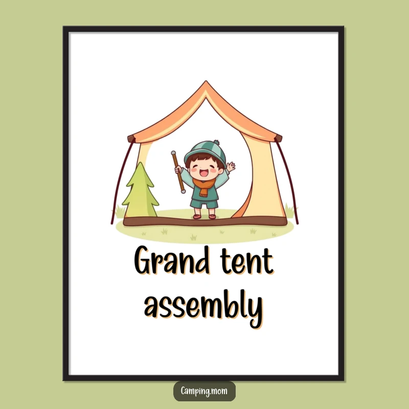 Funny Tent Setup Digital Art: Joyful Character & Giant Poles, A Downloadable Funny Gift.