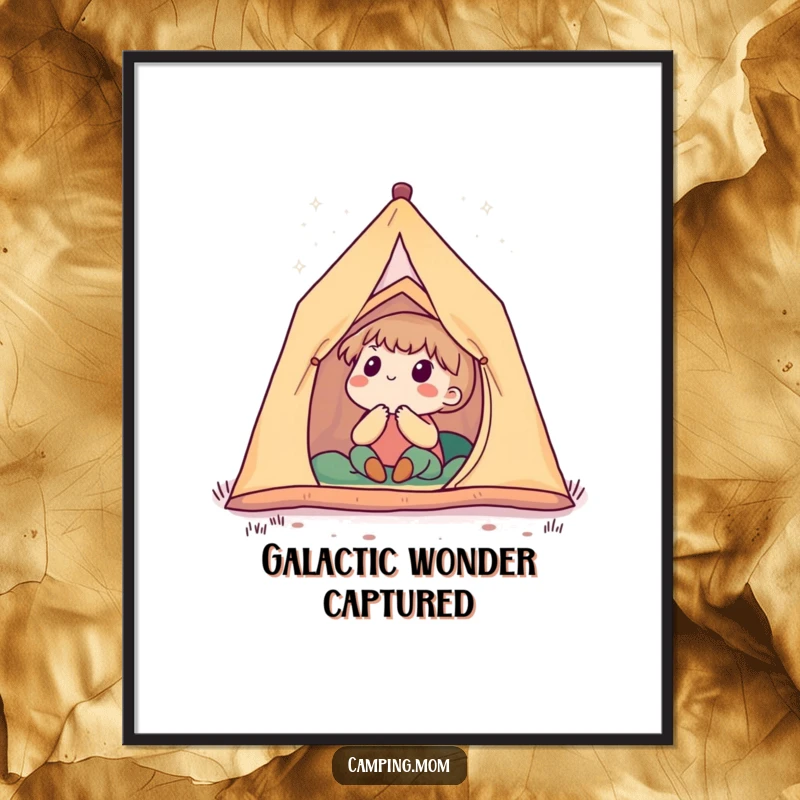 Funny digital art print of a cute camping character in a tent, gazing with wonder at a breathtaking, star-filled night sky.