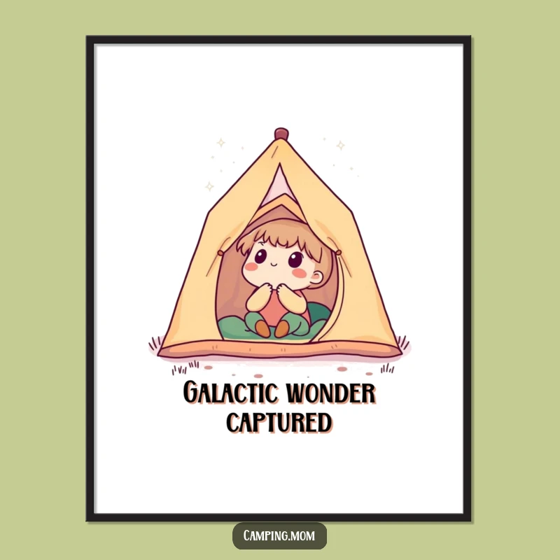 Funny Starry Night Camping Digital Art: Cute Character Wondering At Cosmos, A Downloadable Funny Gift.