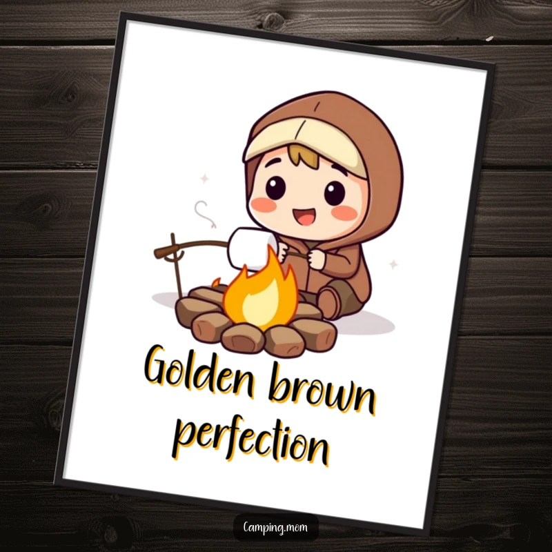 Funny digital art print of a smiling camping character happily roasting a marshmallow over a glowing, crackling campfire.