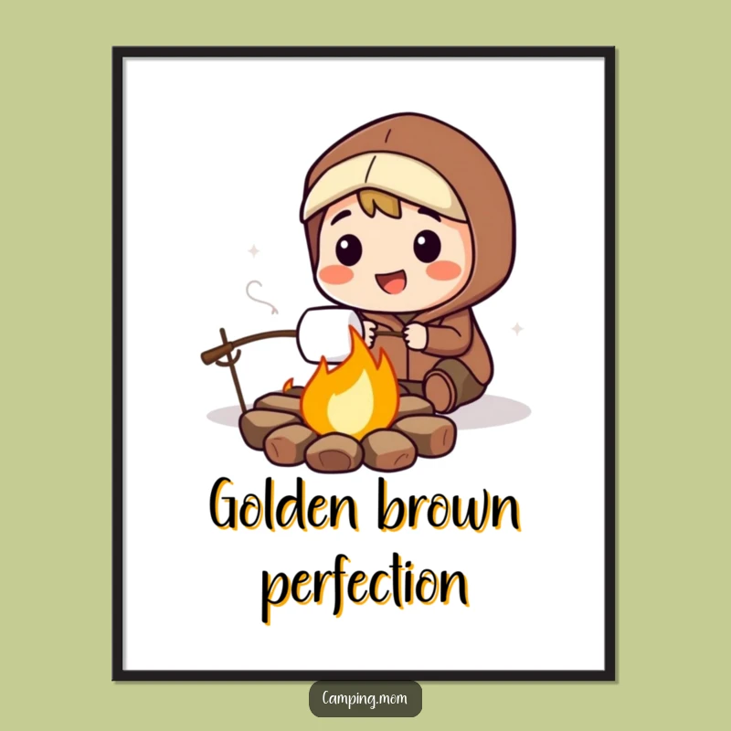 Funny Campfire Marshmallow Digital Art: Smiling Character Roasting Treat, A Downloadable Funny Gift.