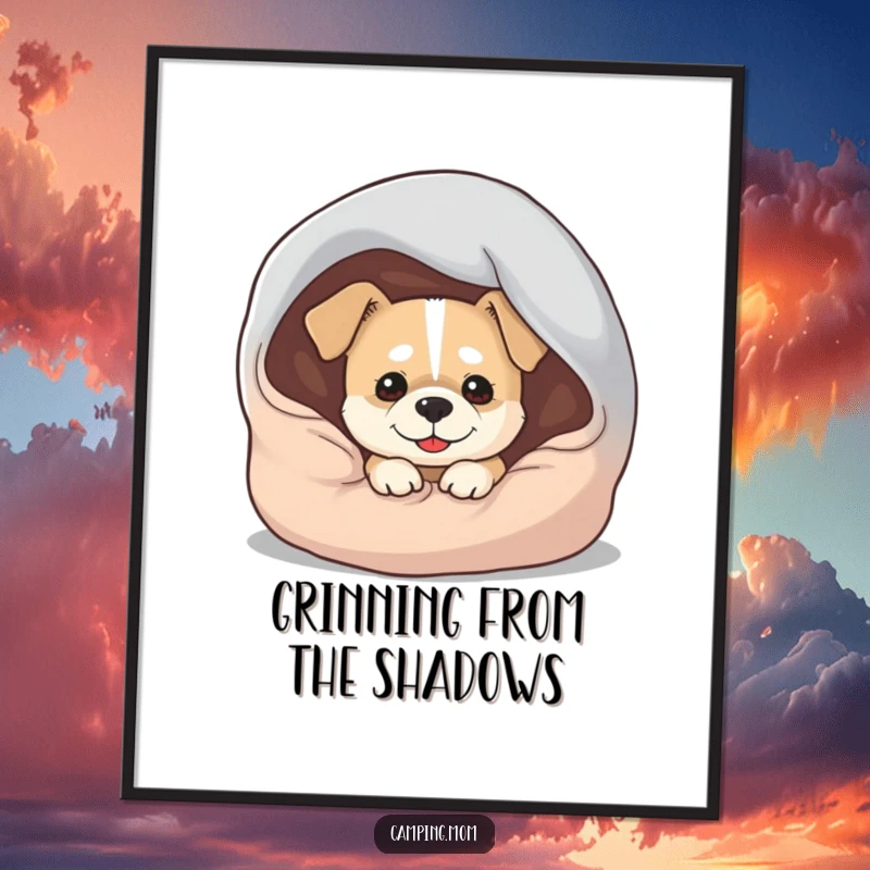Funny Dog Digital Art: A printable artwork of a dog with a mischievous grin peeking out from under a sleeping bag.