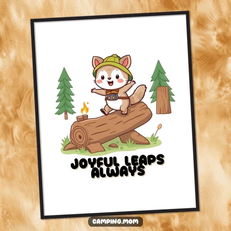 Funny camping animal character gleefully skipping over a log, available as a downloadable digital art print.