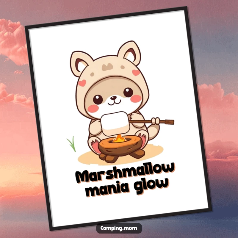 Funny kawaii camping animal character happily roasting a marshmallow on a stick, available as a vibrant digital art print.