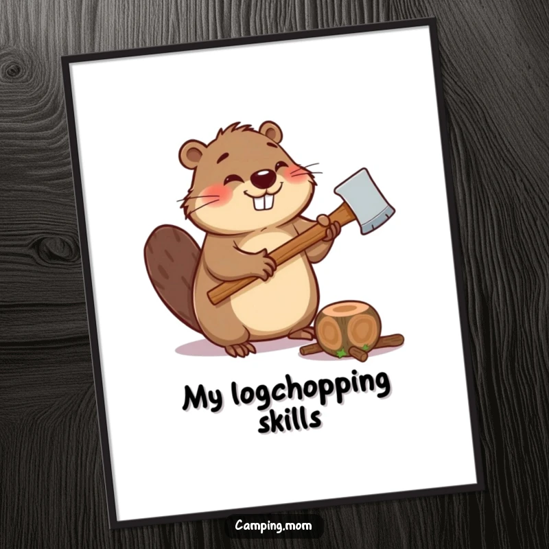 Funny digital art print of a giggling beaver with an axe, ready to chop a small log, for playful and industrious decor.