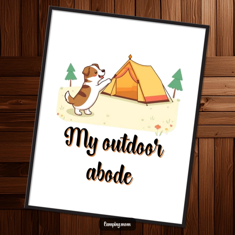 Funny dog pointing at a tent with excitement, vibrant digital art print for instant camping-themed decor.