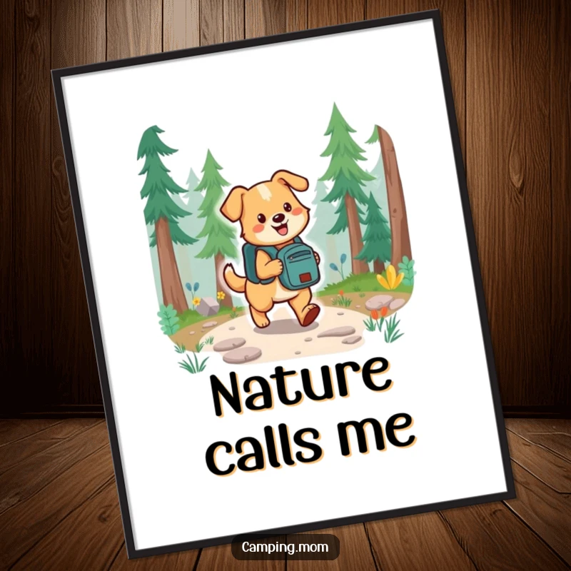 Funny dog with backpack happily hiking on forest trail, vibrant digital art print for instant home decor.