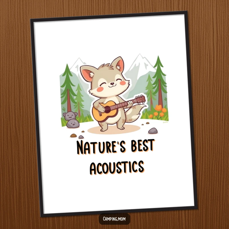 Funny animal character energetically playing a guitar in a wilderness landscape, captured in a high-resolution digital art print.