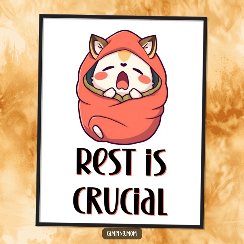 Funny camping animal character yawning widely, wrapped in a sleeping bag, available as digital art.